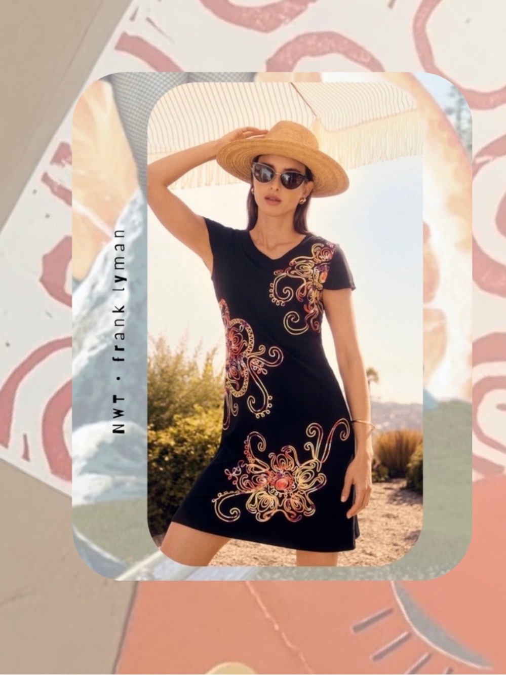 🎉 Frank Lyman Black, Orange, Yellow Paisley Floral Abstract Short Sleeve Dress